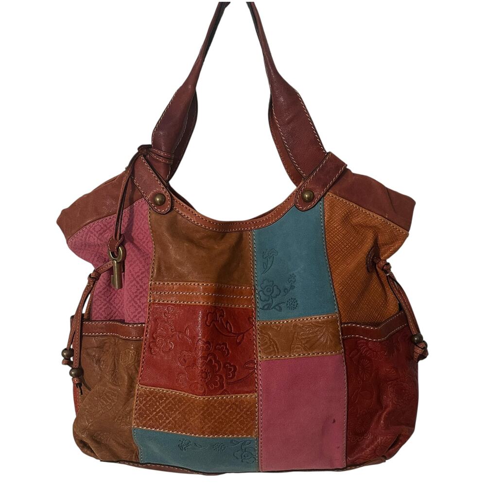 Fossil Patchwork Leather Large Hobo Bag Womens Br… - image 1